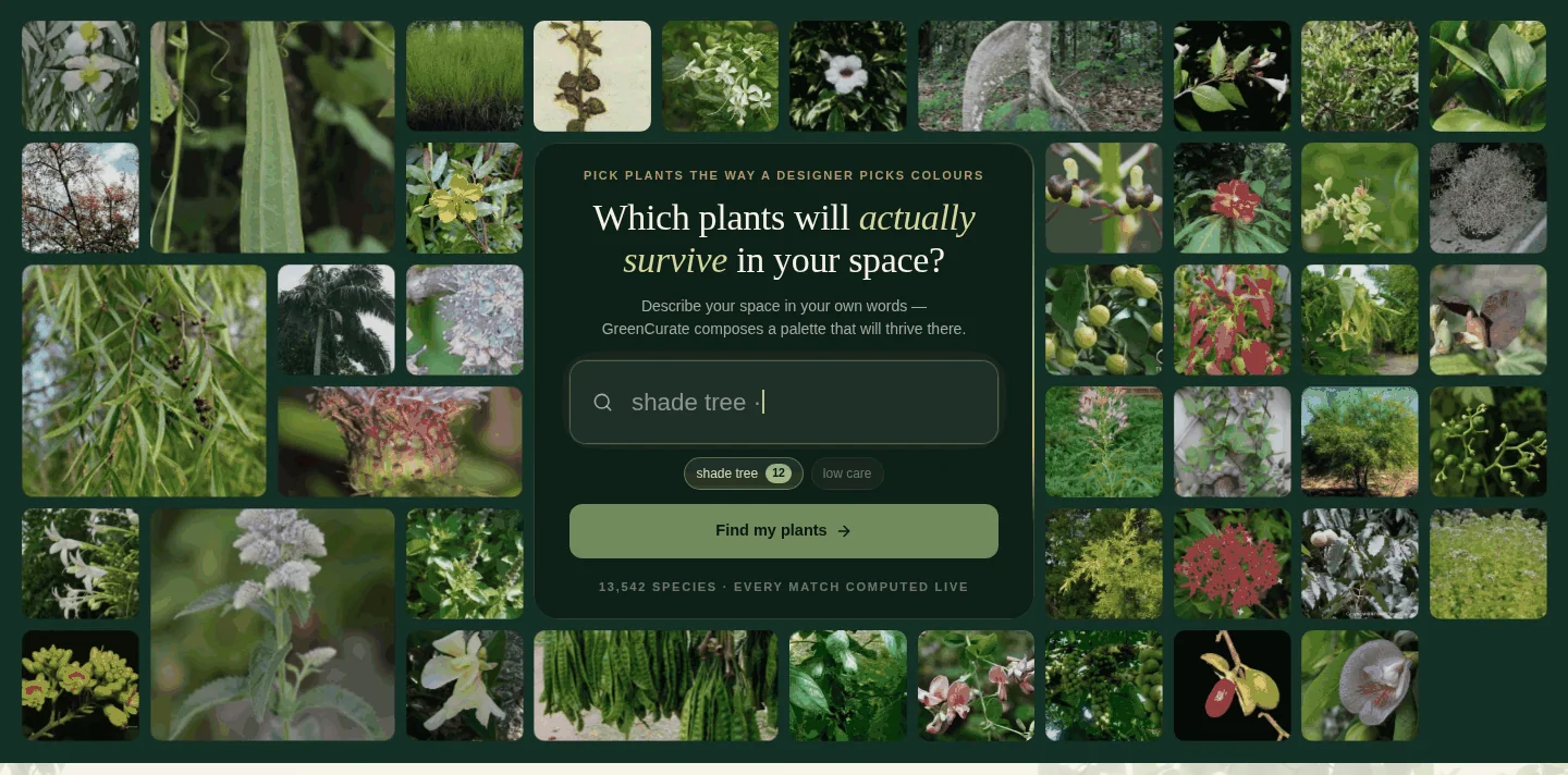 GreenCurate: a live species search composing a planting palette, over its own catalogue photography